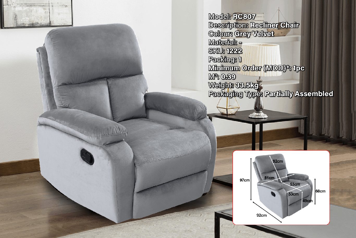 RC807 RECLINER CHAIR (GREY VELVET) – WLS Furnishing