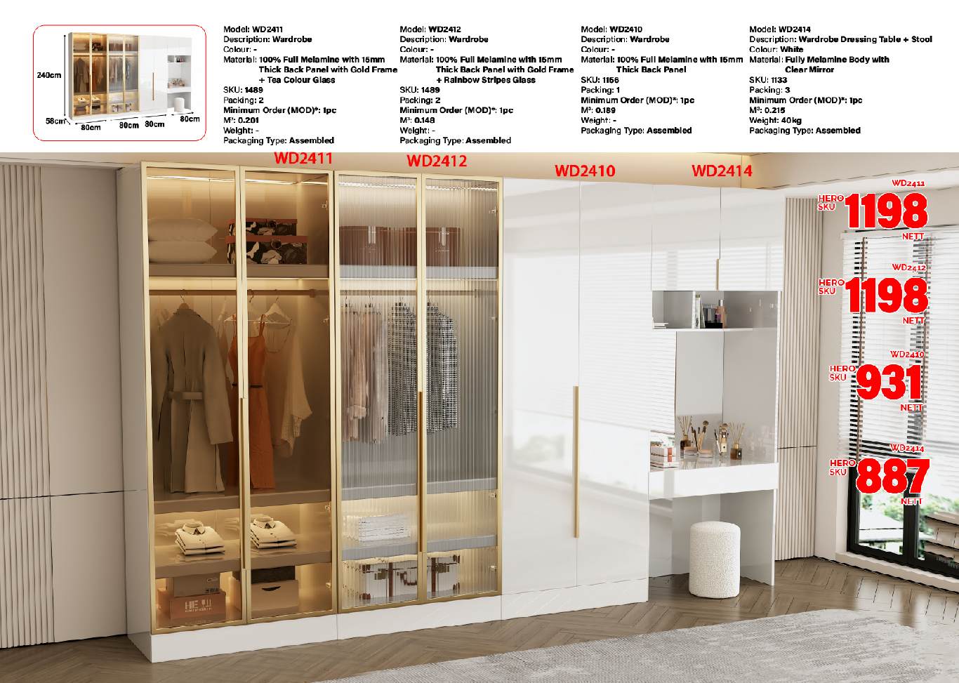 Product Image WD2414 800X2400 WARDROBE BUILT-IN DRESSING TABLE+STOOL (WHITE) (LEF) (MJ) - Image 1