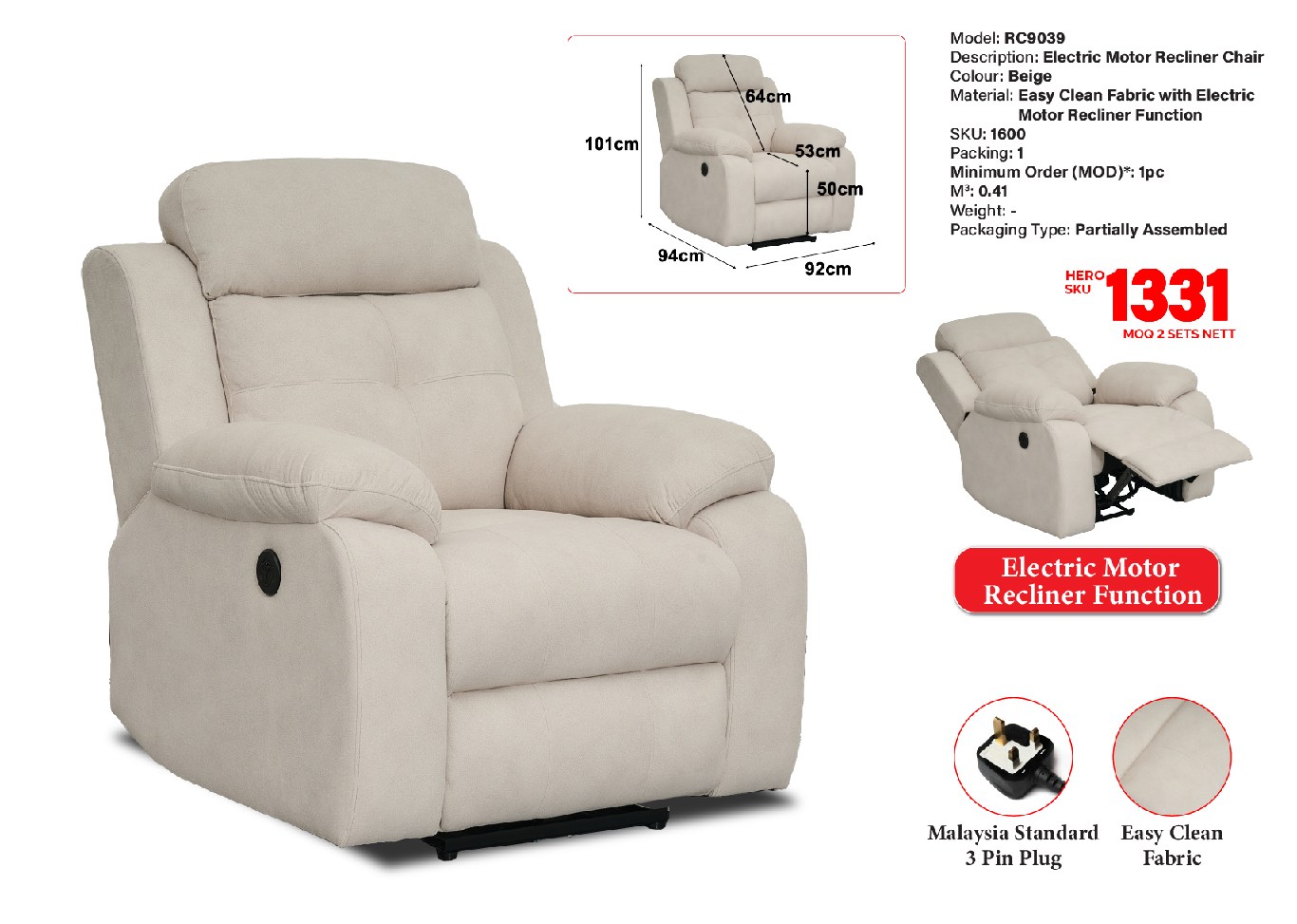Product Image RC9039 ELECTRIC MOTOR RECLINER CHAIR (BEIGE EASY CLEAN FABRIC) (LEX) (CX) - Image 1